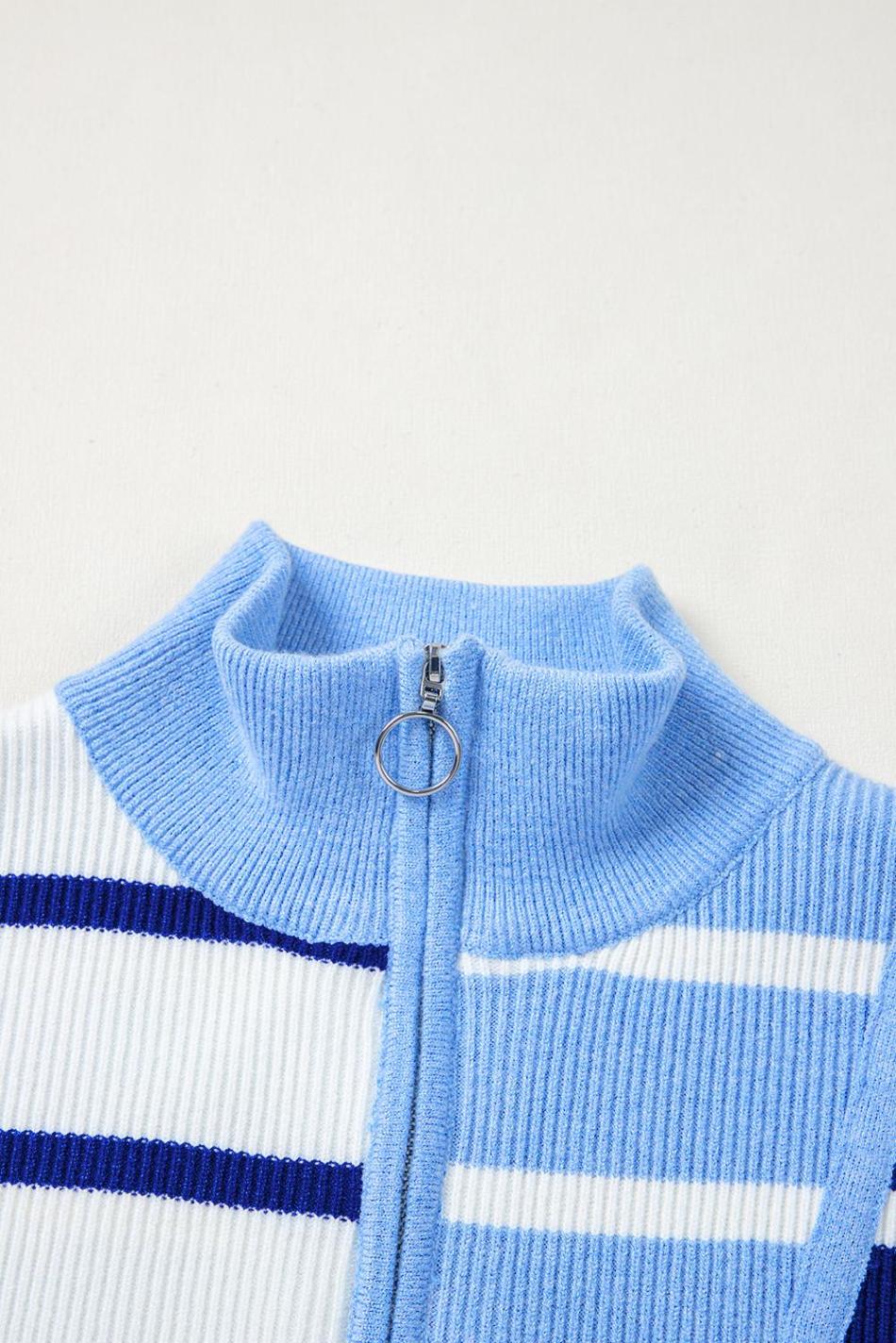 Sky Blue Stripe Quarter Zip Collar Knit Vest | Women Knit Tops