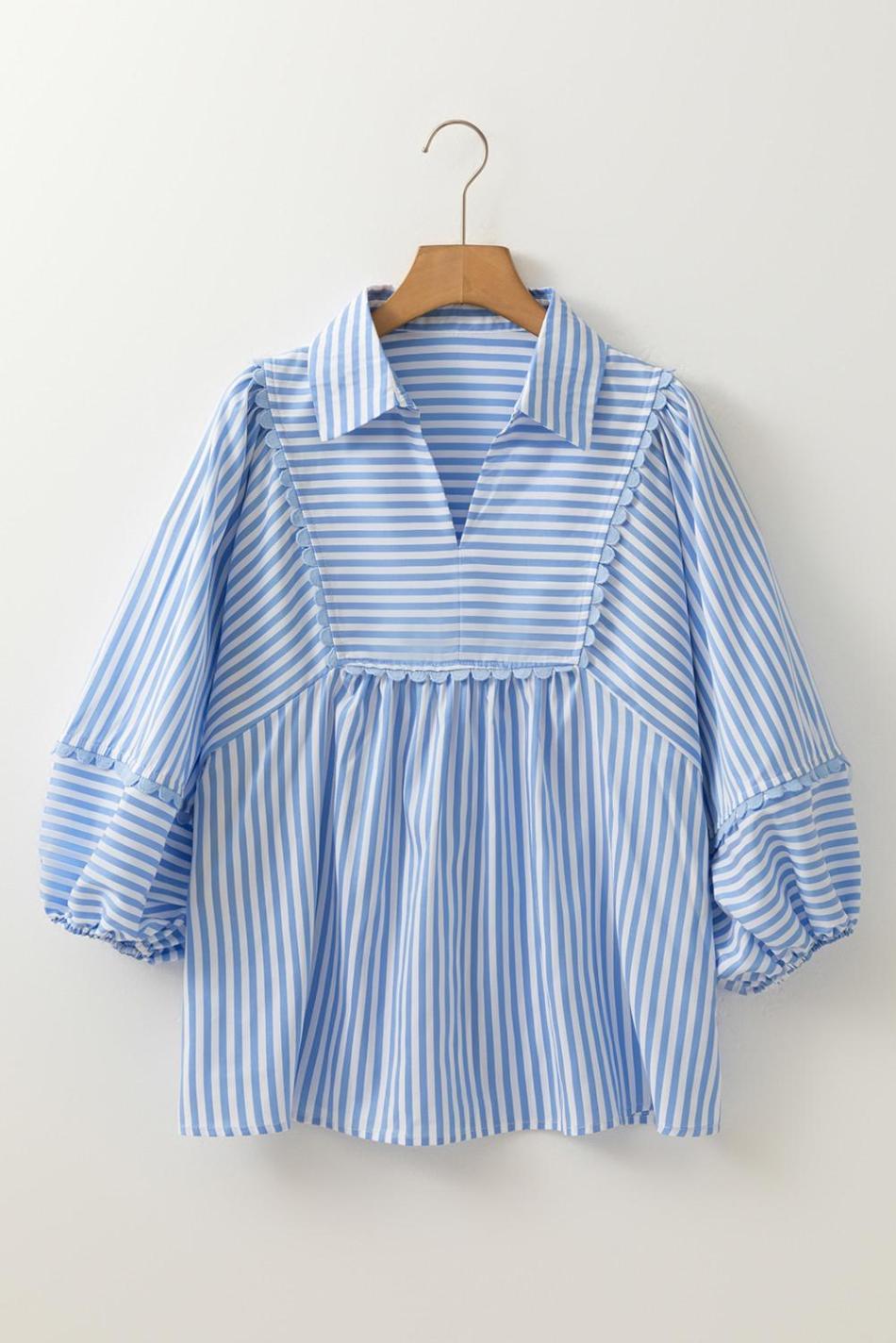 Sky Blue Striped Ric Rac Trim Collared V Neck Blouse | Women Blouses