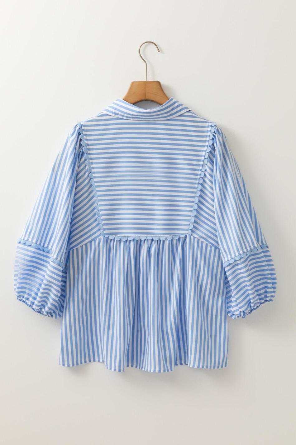 Sky Blue Striped Ric Rac Trim Collared V Neck Blouse | Women Blouses