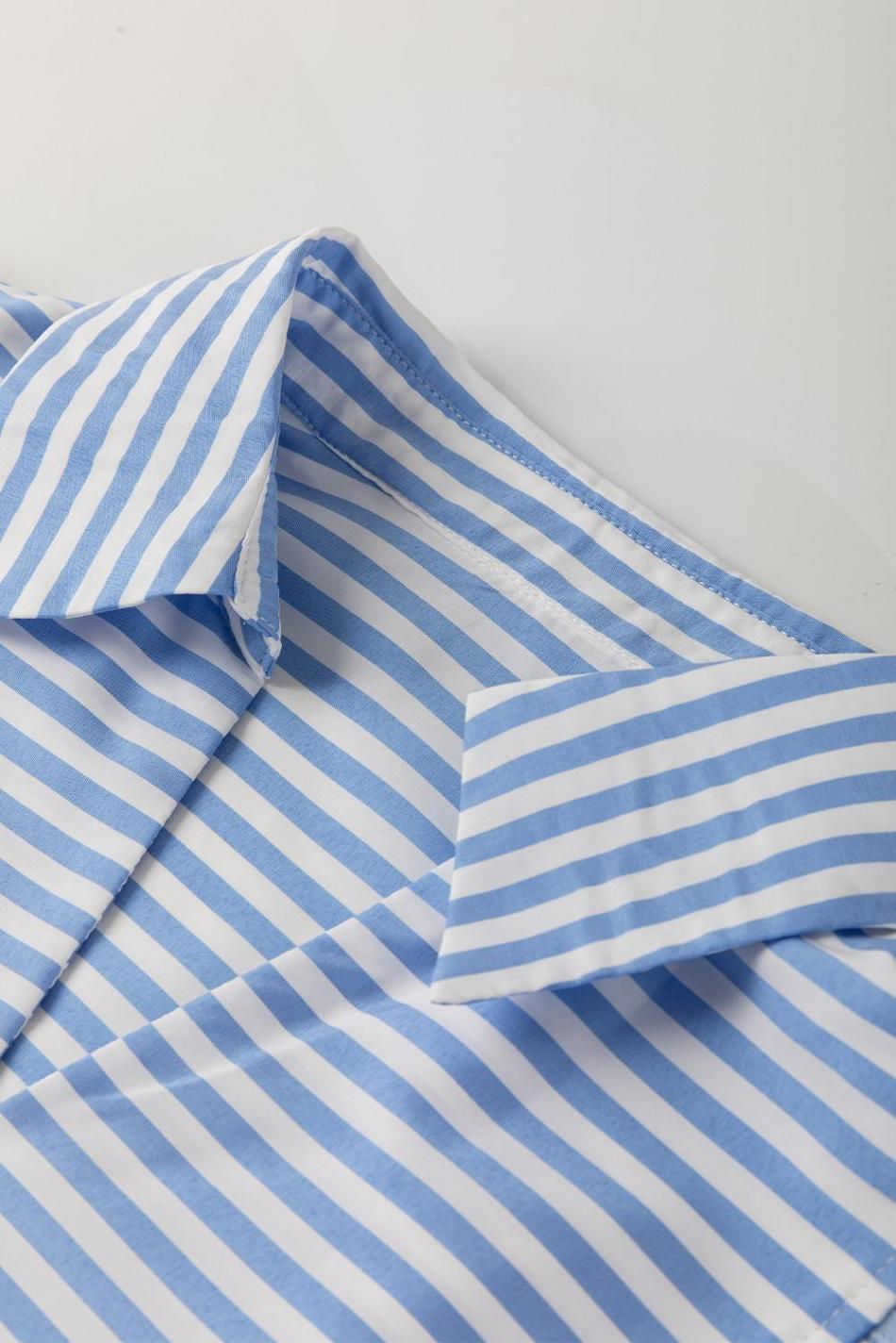 Sky Blue Striped Ric Rac Trim Collared V Neck Blouse | Women Blouses