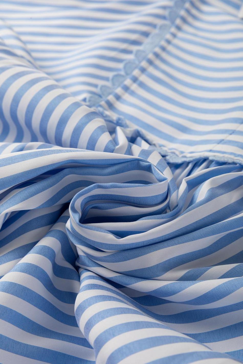 Sky Blue Striped Ric Rac Trim Collared V Neck Blouse | Women Blouses