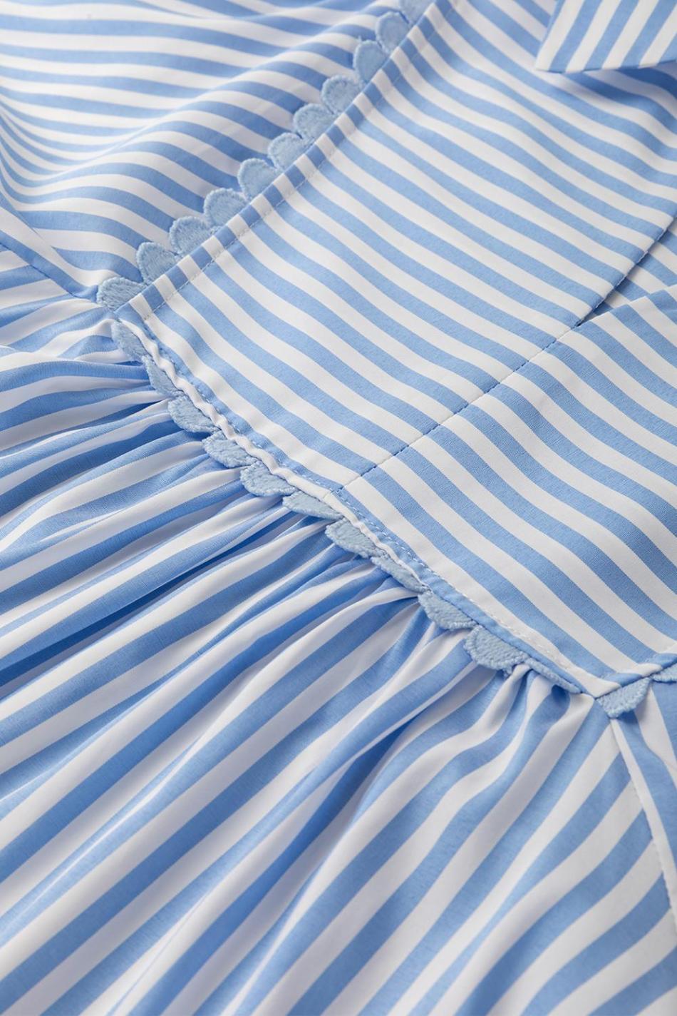 Sky Blue Striped Ric Rac Trim Collared V Neck Blouse | Women Blouses