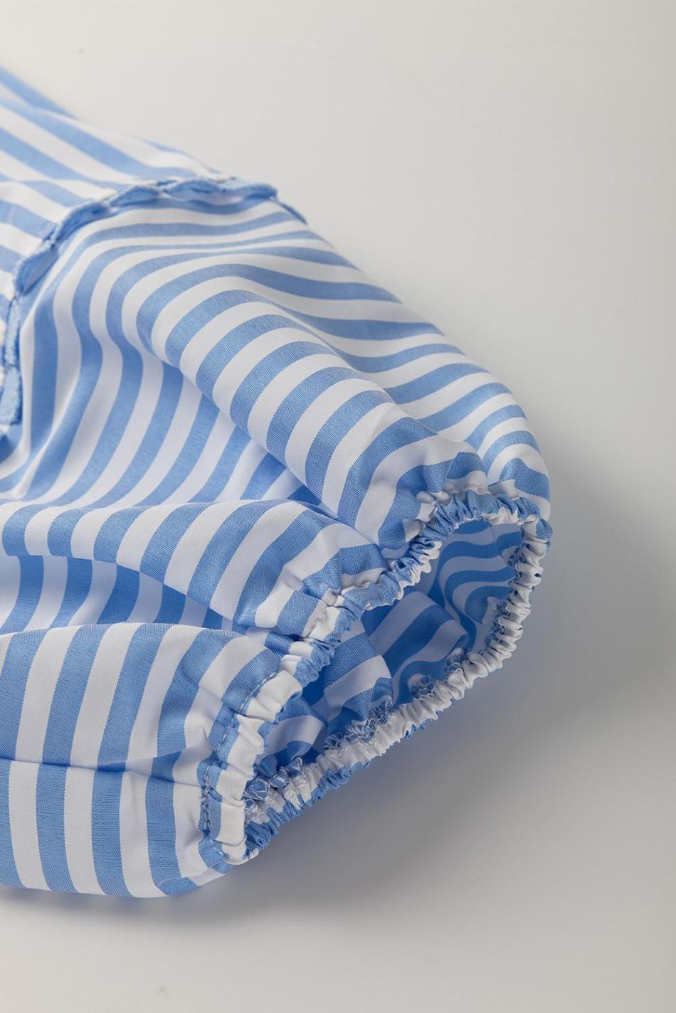 Sky Blue Striped Ric Rac Trim Collared V Neck Blouse | Women Blouses