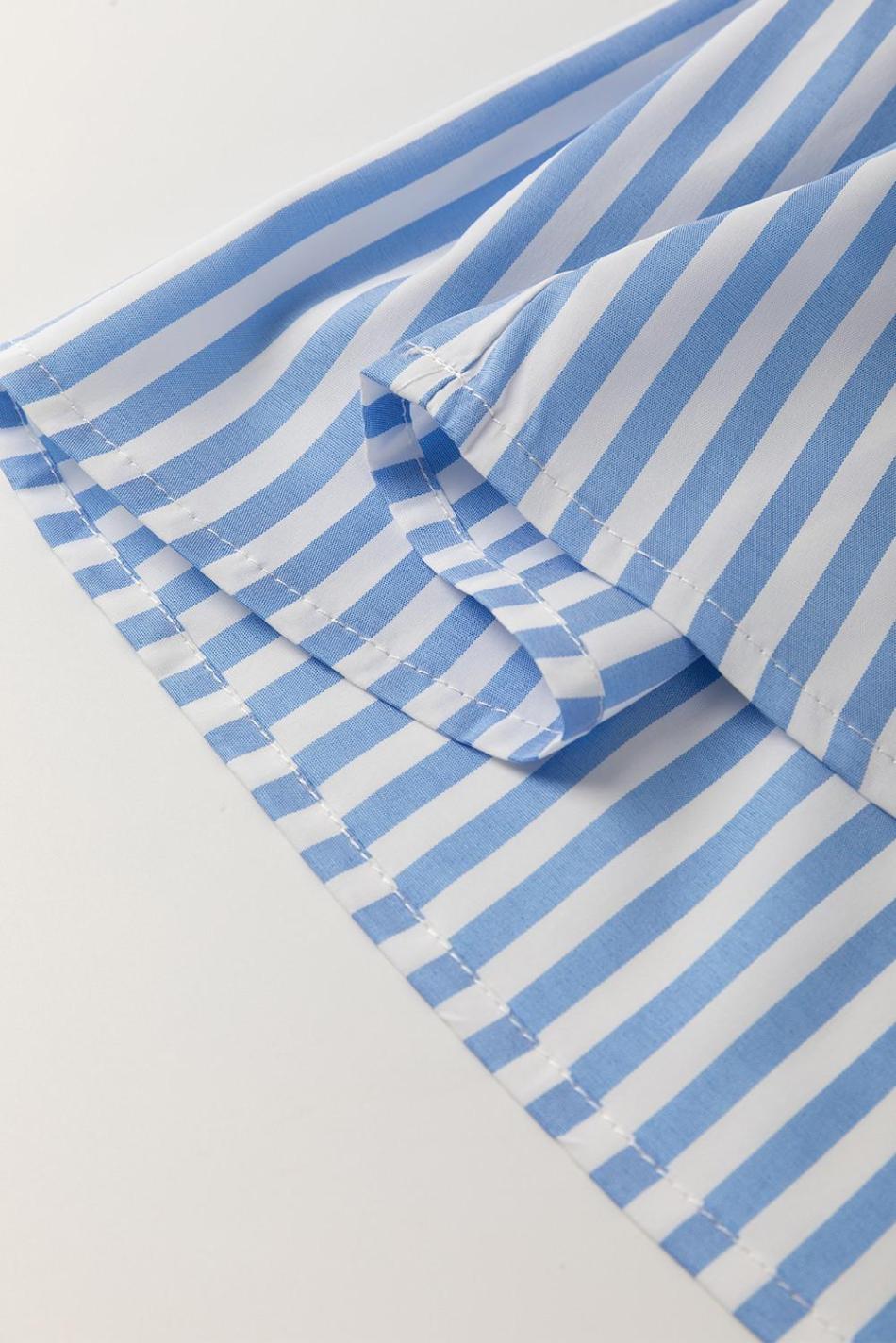 Sky Blue Striped Ric Rac Trim Collared V Neck Blouse | Women Blouses
