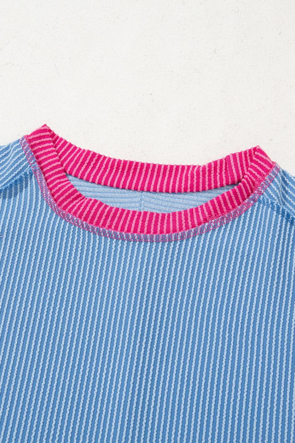 Sky Blue Textured Colorblock Round Neck T Shirt | Women T Shirts