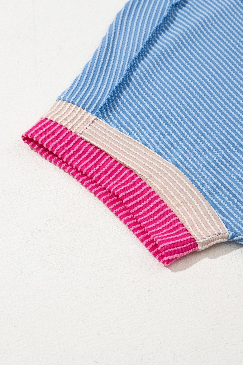 Sky Blue Textured Colorblock Round Neck T Shirt | Women T Shirts