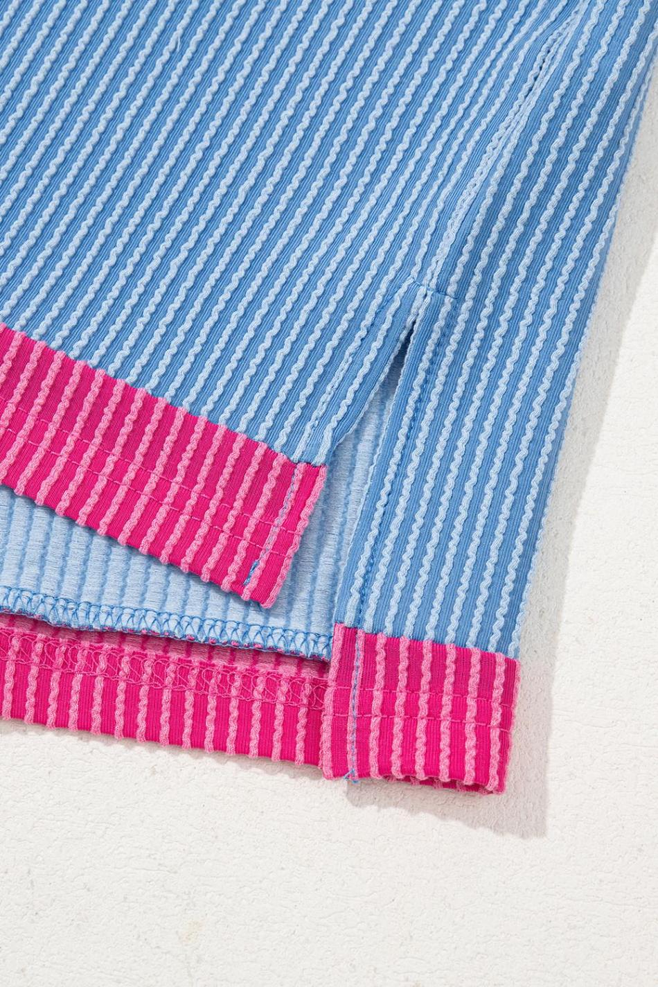 Sky Blue Textured Colorblock Round Neck T Shirt | Women T Shirts