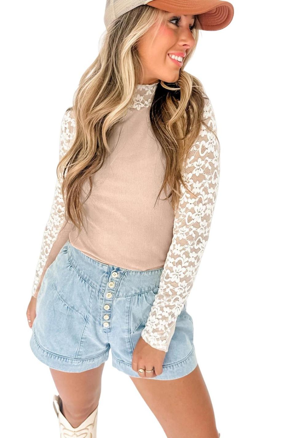 Smoke Gray Floral Lace Patchwork Long Sleeve Slim Top | Women Long Sleeve Tops