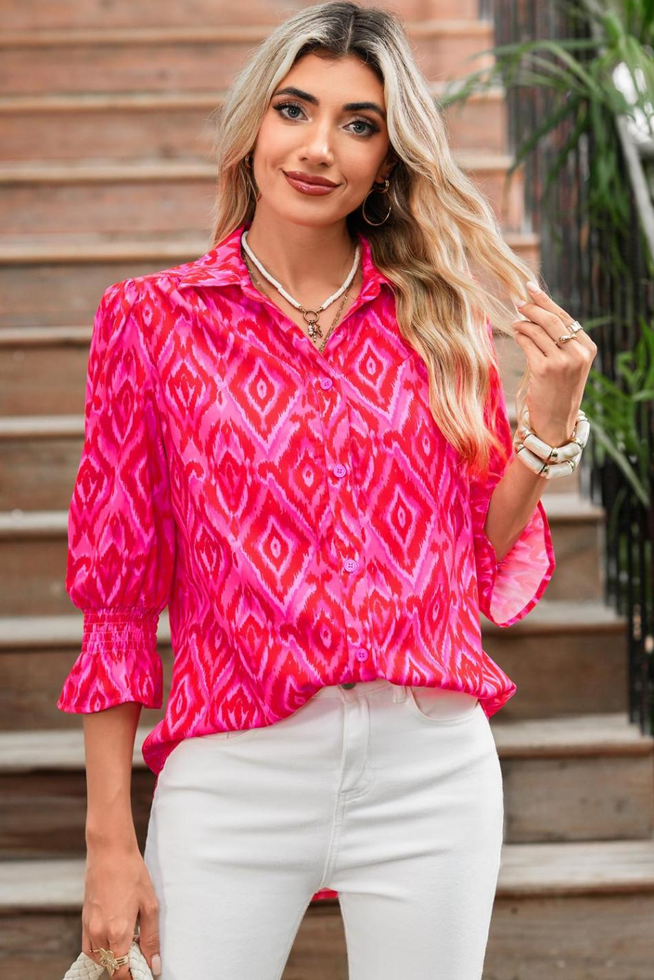 Strawberry Pink Abstract Print Puff Sleeve Shirt | Women Blouses