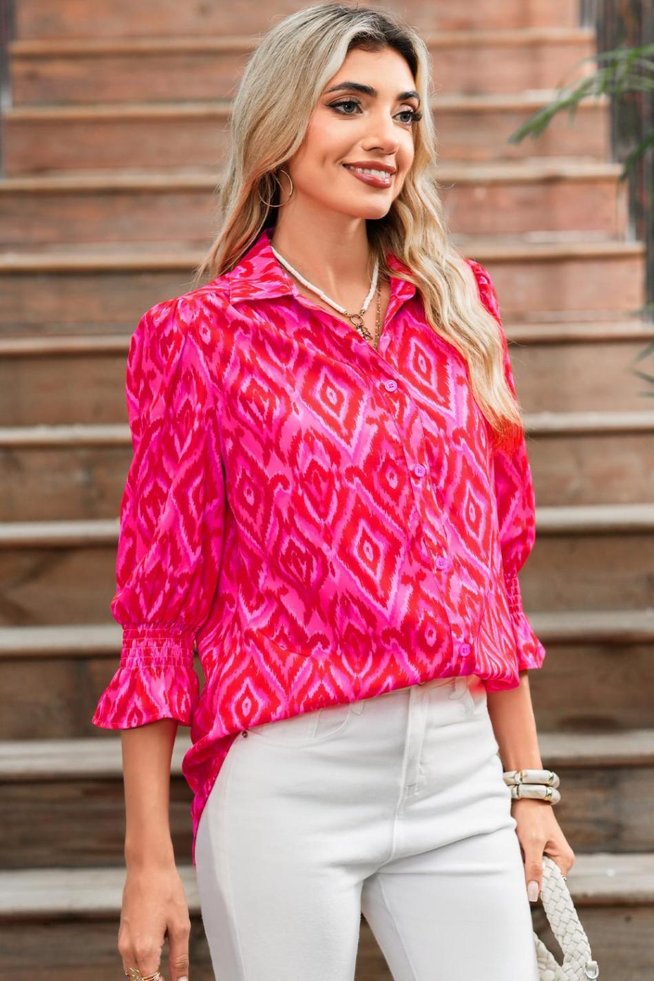 Strawberry Pink Abstract Print Puff Sleeve Shirt | Women Blouses