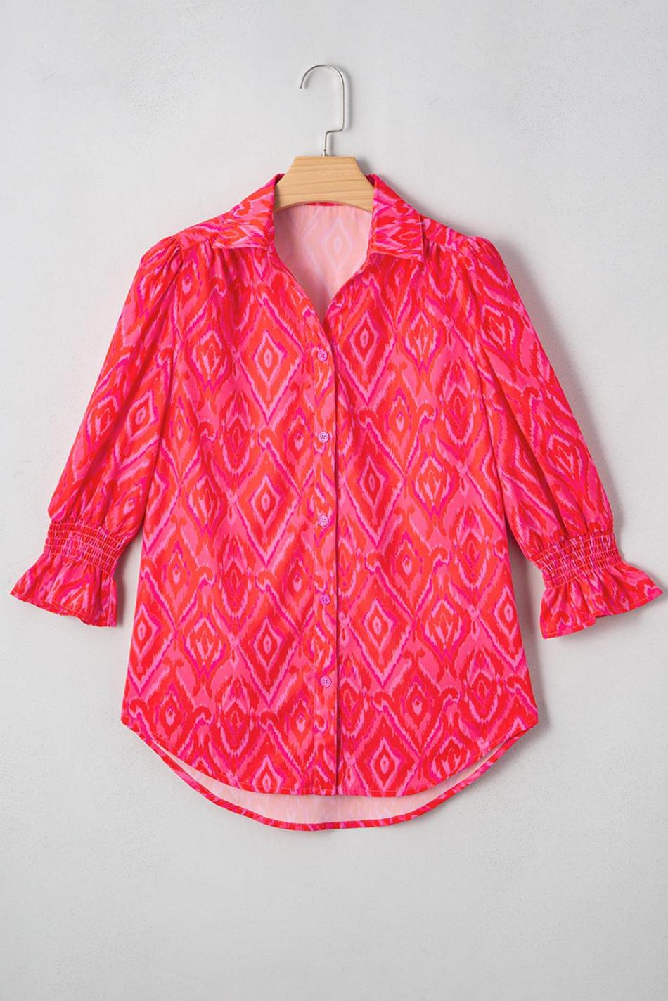 Strawberry Pink Abstract Print Puff Sleeve Shirt | Women Blouses