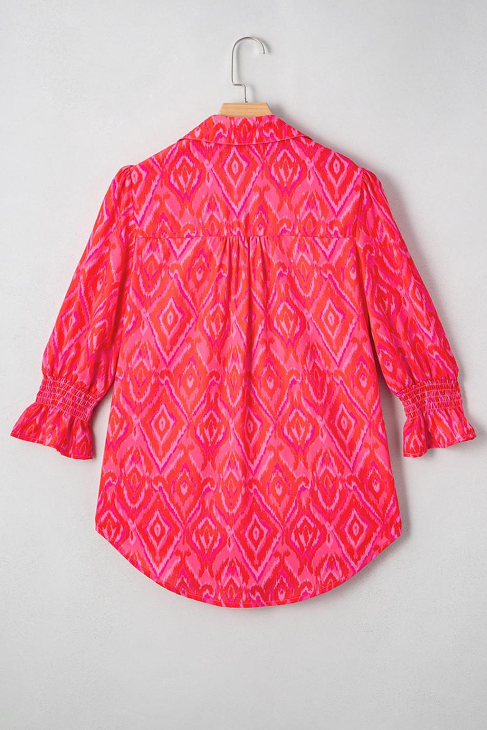 Strawberry Pink Abstract Print Puff Sleeve Shirt | Women Blouses