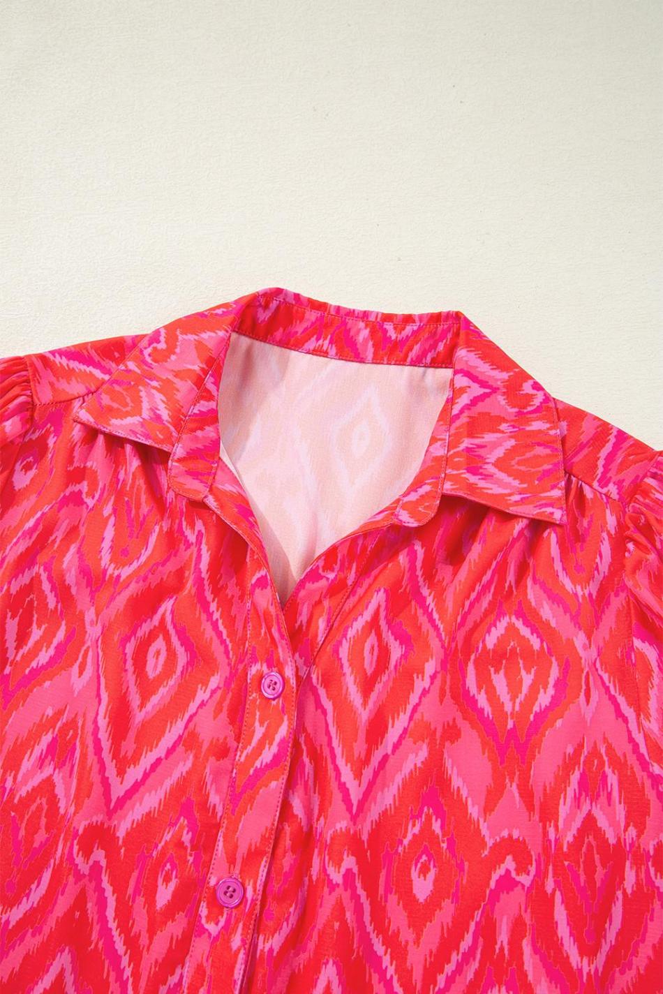 Strawberry Pink Abstract Print Puff Sleeve Shirt | Women Blouses