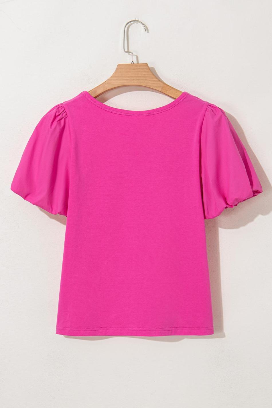 Strawberry Pink Casual Round Neck Bubble Sleeve T-Shirt | Women T Shirts