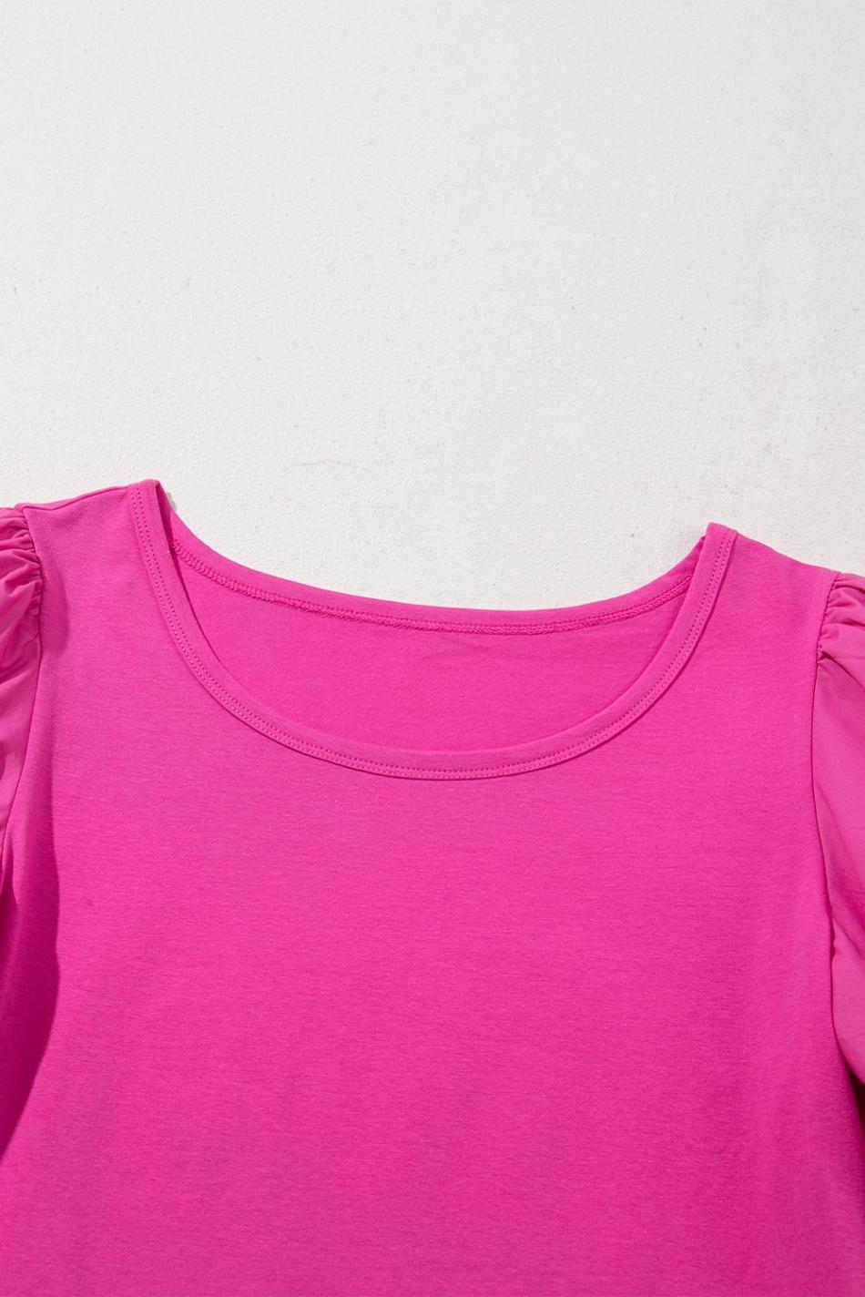 Strawberry Pink Casual Round Neck Bubble Sleeve T-Shirt | Women T Shirts