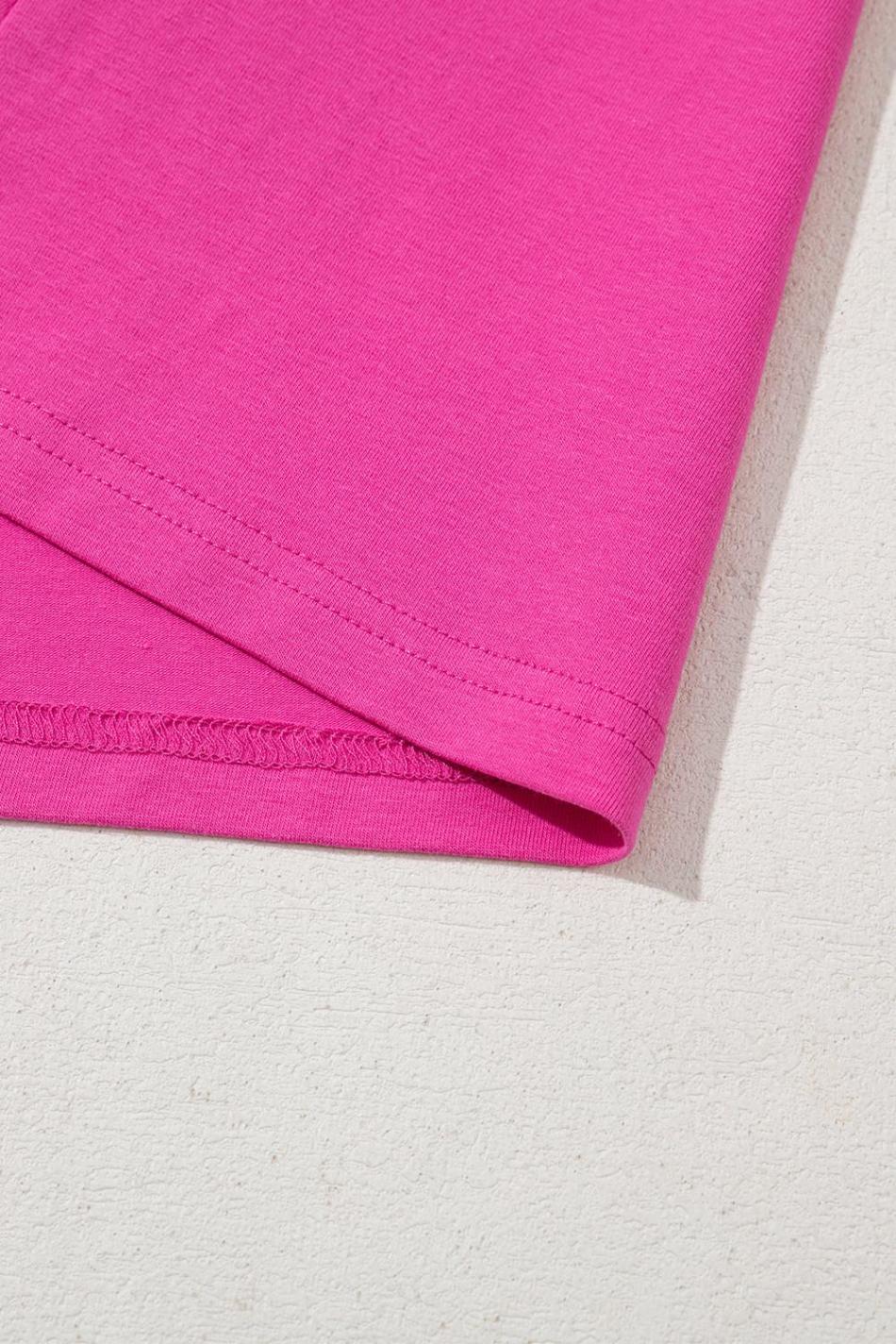 Strawberry Pink Casual Round Neck Bubble Sleeve T-Shirt | Women T Shirts