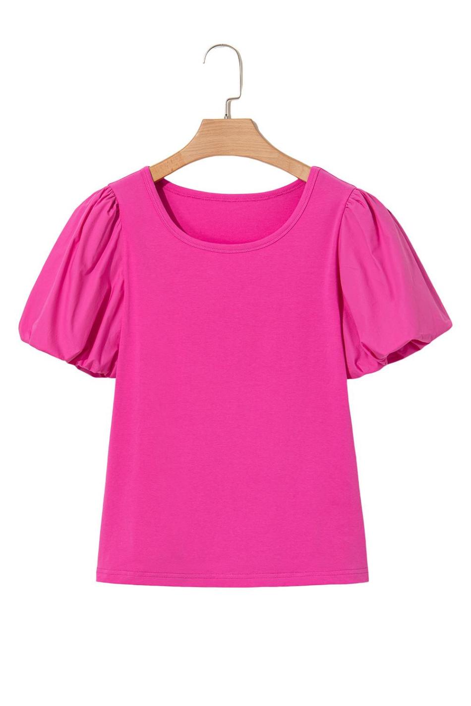 Strawberry Pink Casual Round Neck Bubble Sleeve T-Shirt | Women T Shirts