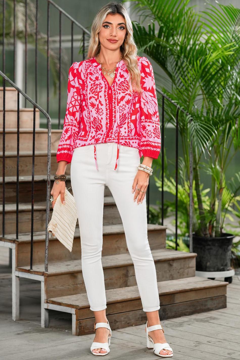 Strawberry Pink Floral Print Tie V Neck Blouse | Women Blouses