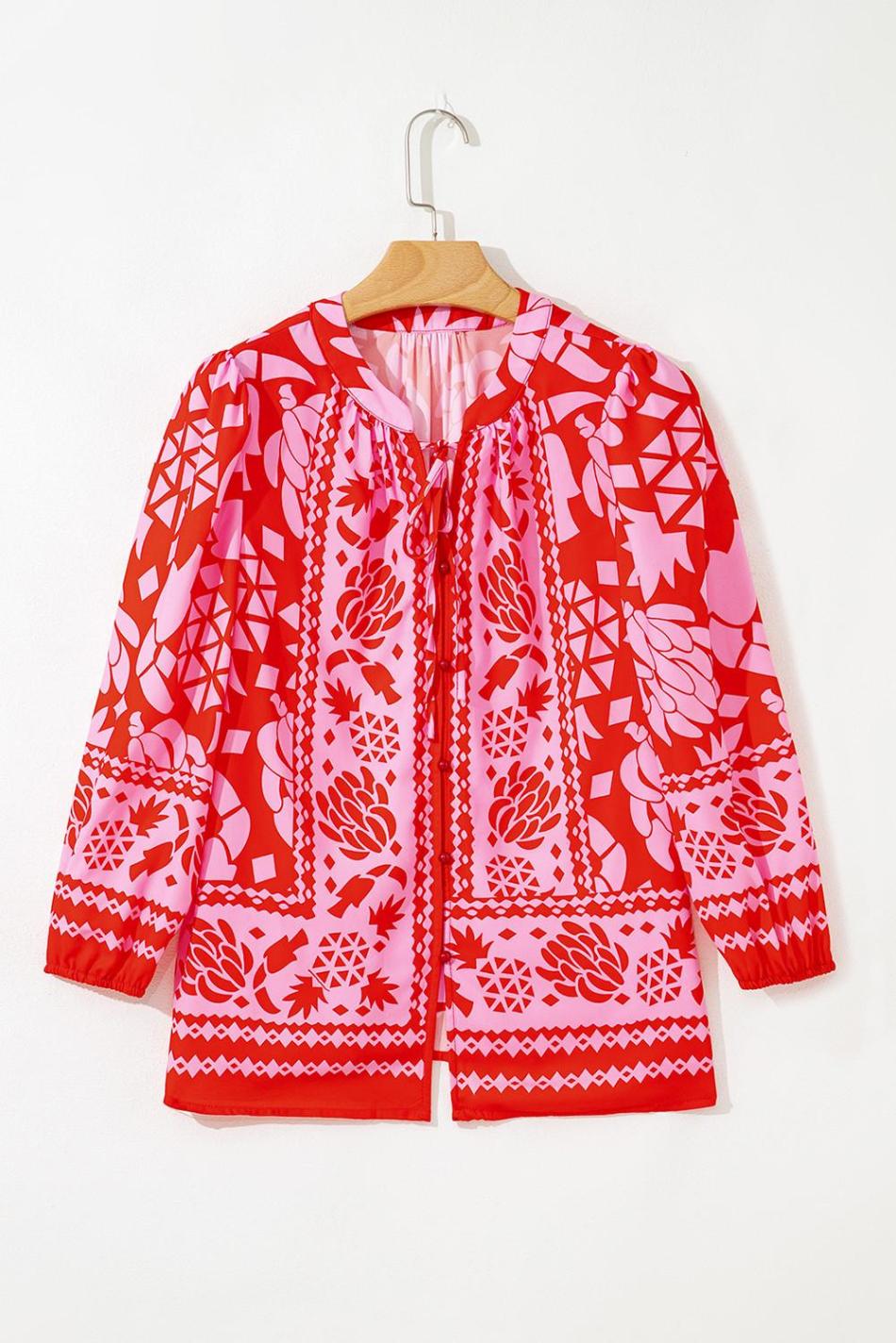 Strawberry Pink Floral Print Tie V Neck Blouse | Women Blouses