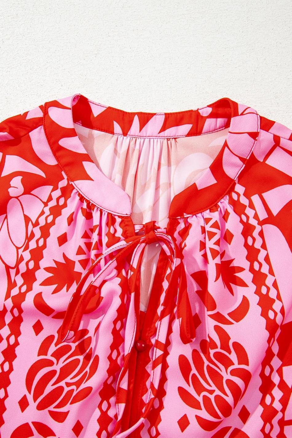 Strawberry Pink Floral Print Tie V Neck Blouse | Women Blouses