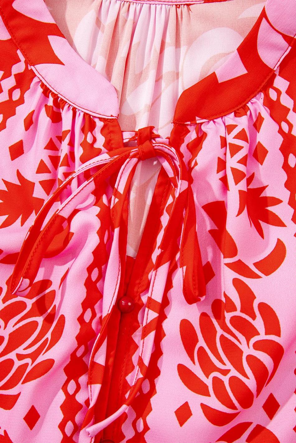 Strawberry Pink Floral Print Tie V Neck Blouse | Women Blouses