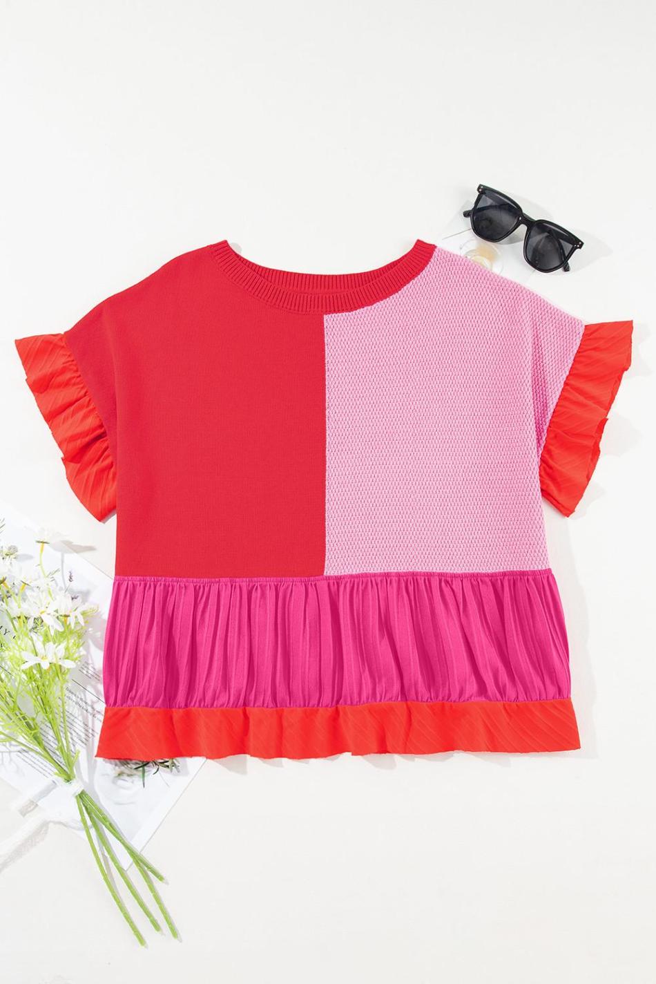 Tomato Red Mix Knitted Patchwork Ruffle Trim Loose T Shirt | Women T Shirts