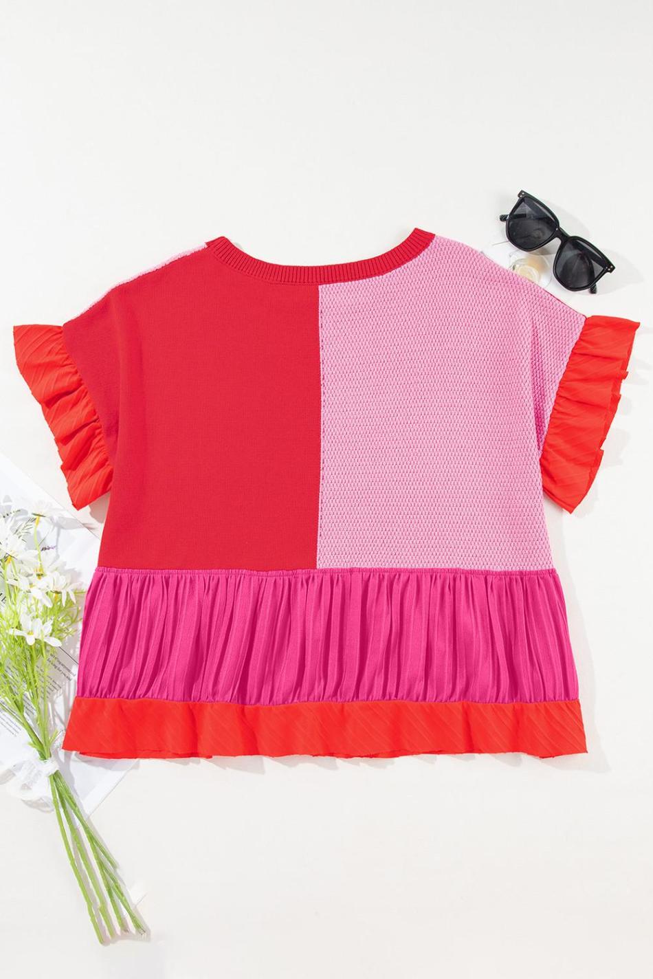 Tomato Red Mix Knitted Patchwork Ruffle Trim Loose T Shirt | Women T Shirts