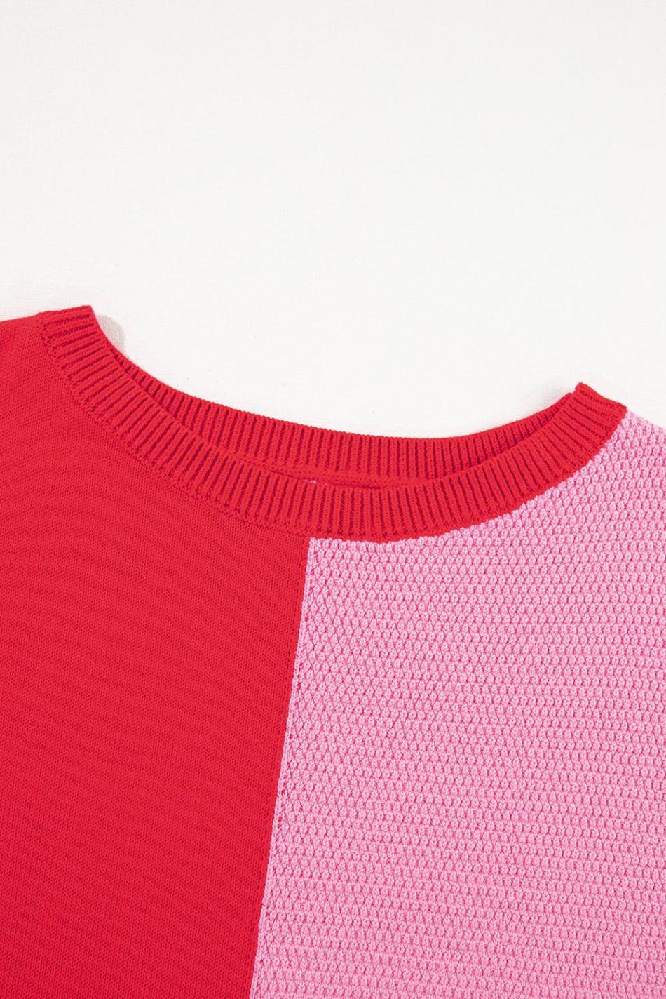 Tomato Red Mix Knitted Patchwork Ruffle Trim Loose T Shirt | Women T Shirts