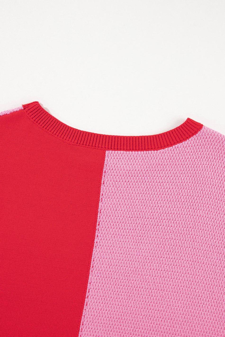 Tomato Red Mix Knitted Patchwork Ruffle Trim Loose T Shirt | Women T Shirts