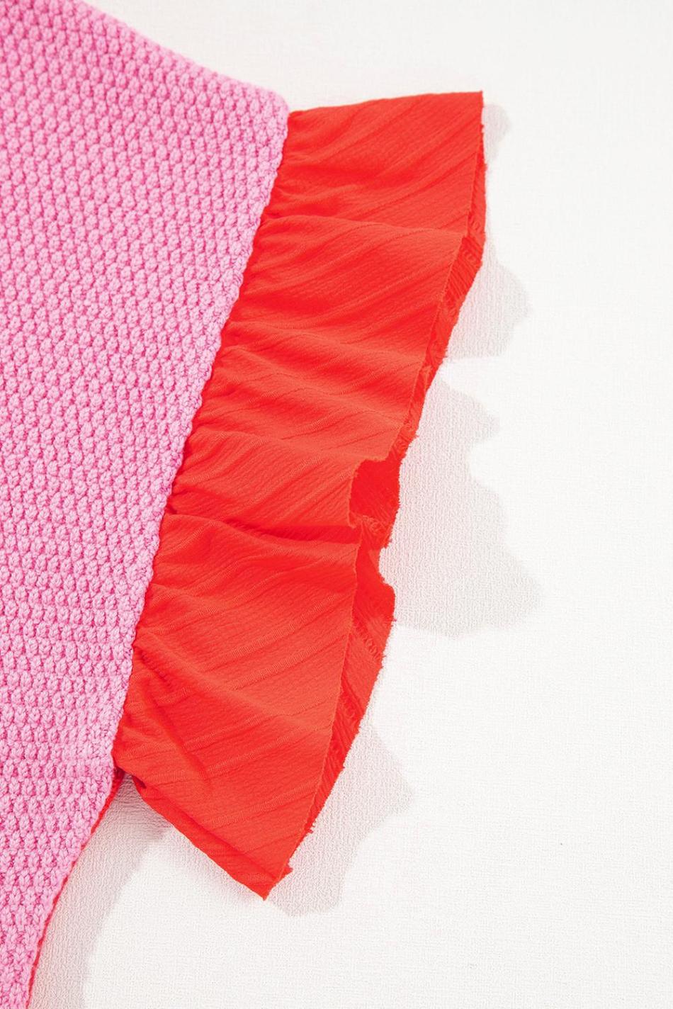 Tomato Red Mix Knitted Patchwork Ruffle Trim Loose T Shirt | Women T Shirts