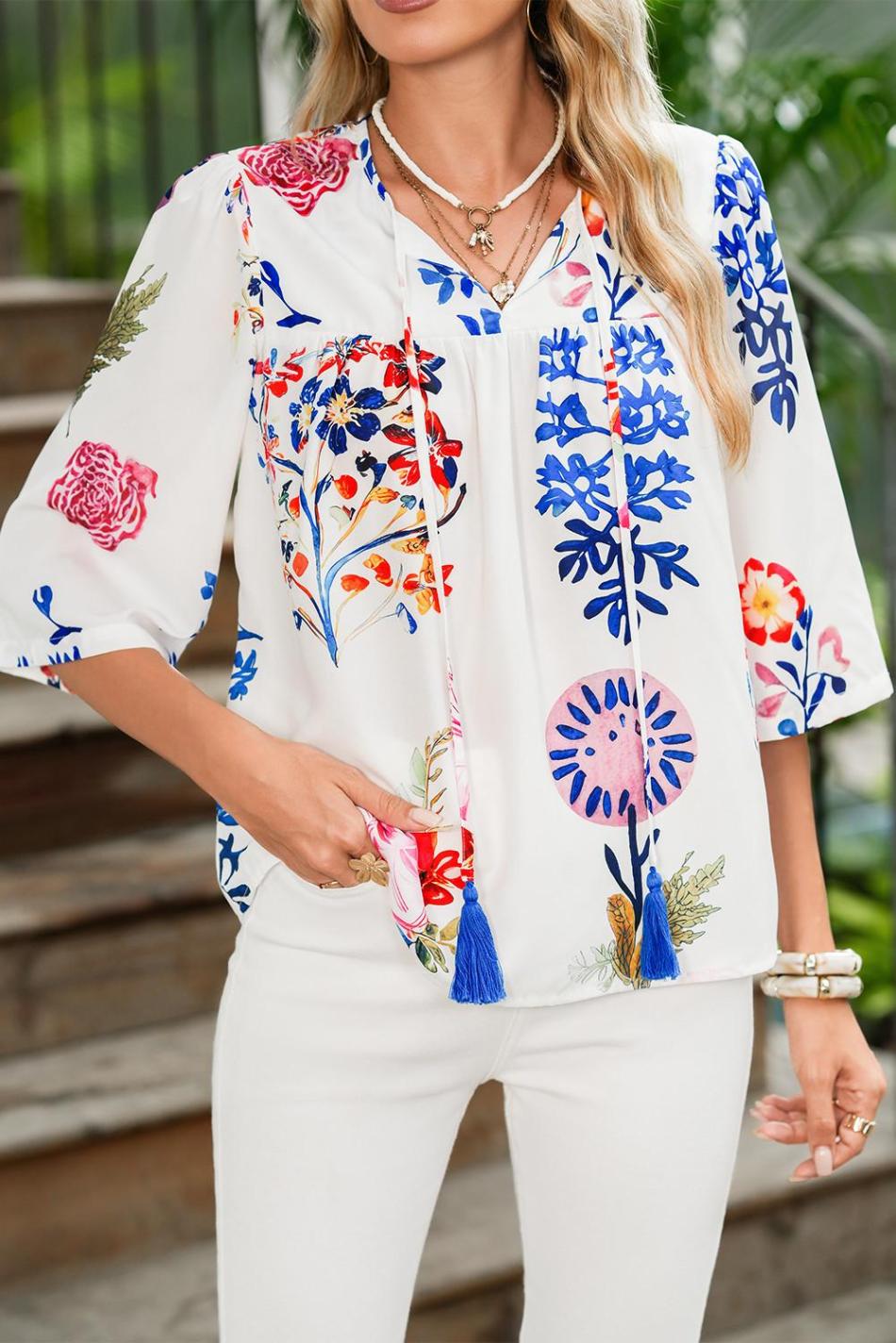 White Boho Floral Fringe Tie V Neck Blouse | Women Blouses