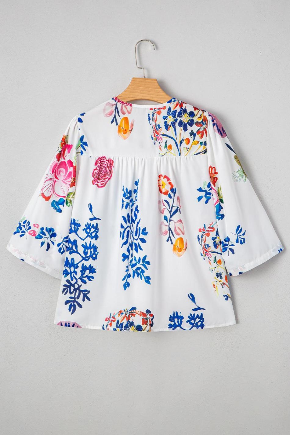 White Boho Floral Fringe Tie V Neck Blouse | Women Blouses