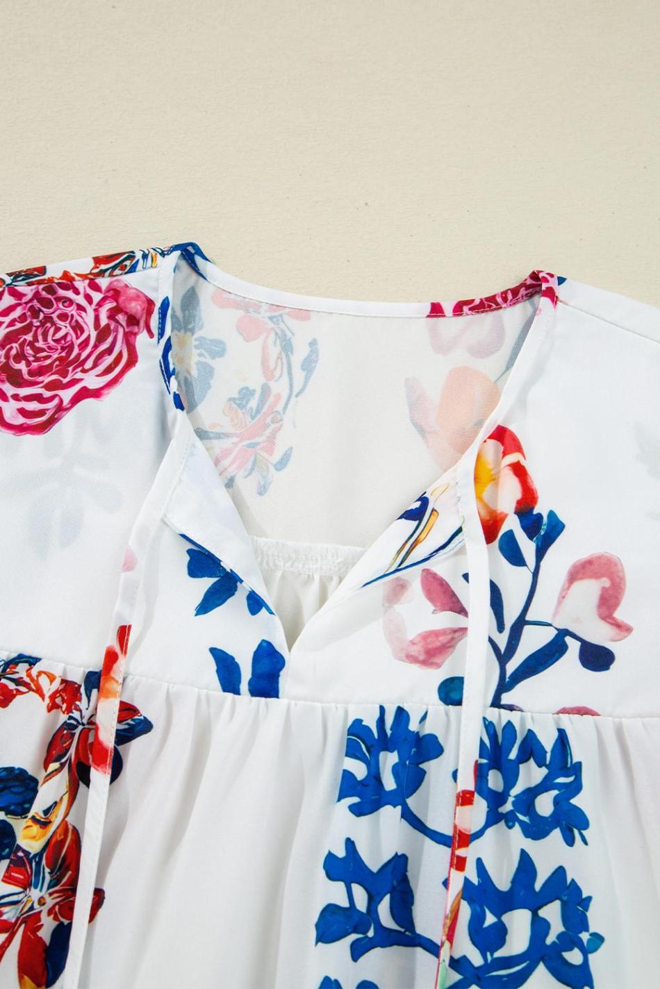 White Boho Floral Fringe Tie V Neck Blouse | Women Blouses