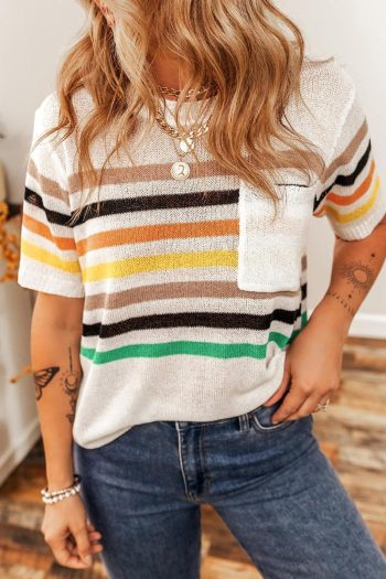 White Colorful Striped Pocket Loose Fit Knitted T Shirt | Women Knit Tops