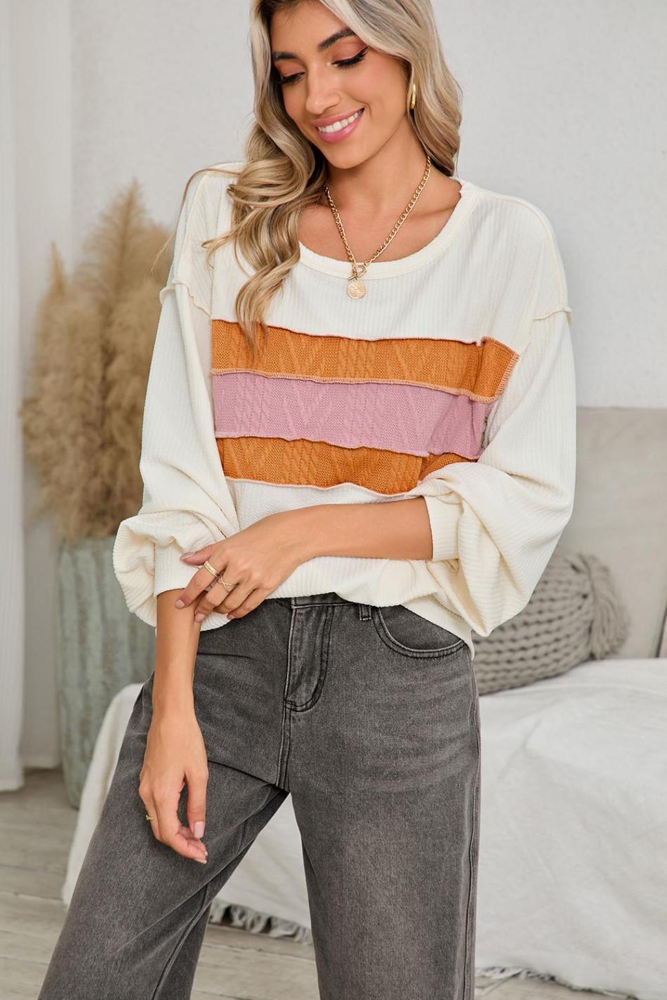 White Corded Exposed Seam Patchwork Drop Sleeve Top | Women Long Sleeve Tops