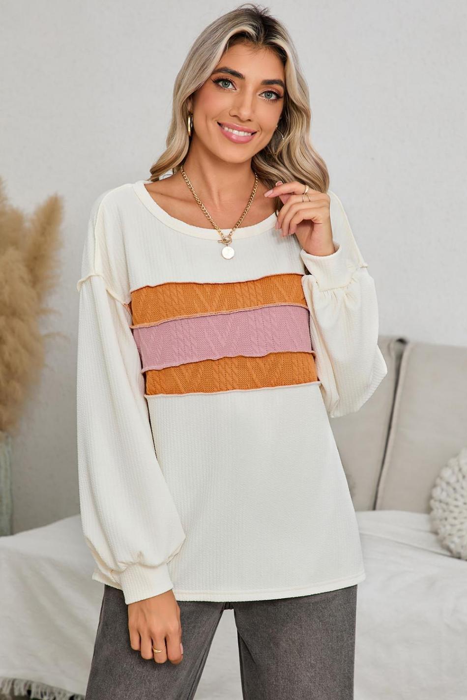 White Corded Exposed Seam Patchwork Drop Sleeve Top | Women Long Sleeve Tops
