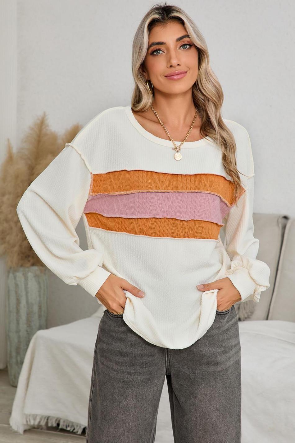 White Corded Exposed Seam Patchwork Drop Sleeve Top | Women Long Sleeve Tops