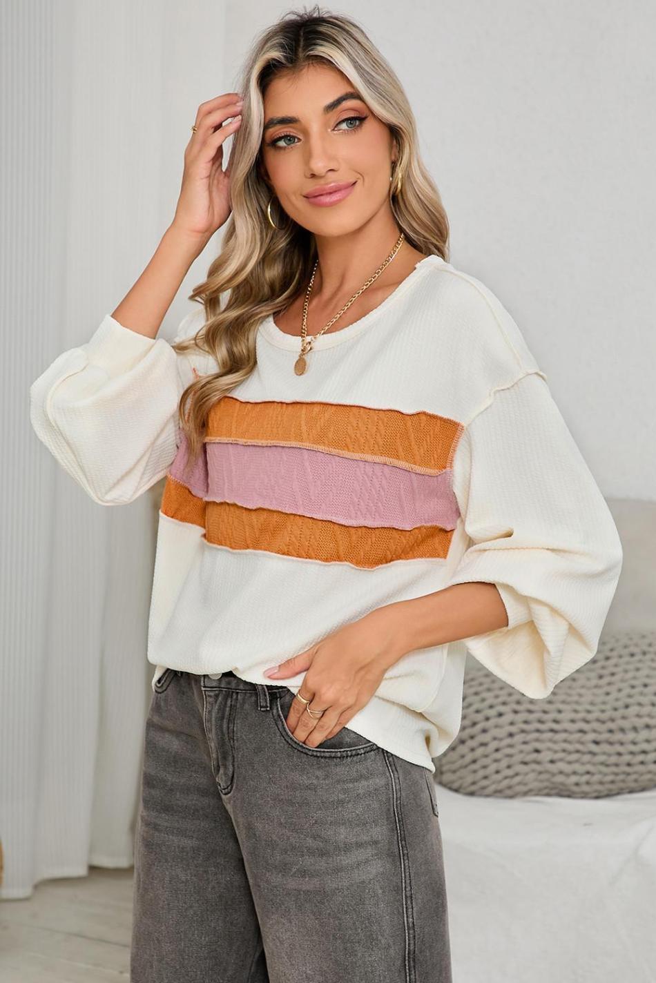White Corded Exposed Seam Patchwork Drop Sleeve Top | Women Long Sleeve Tops