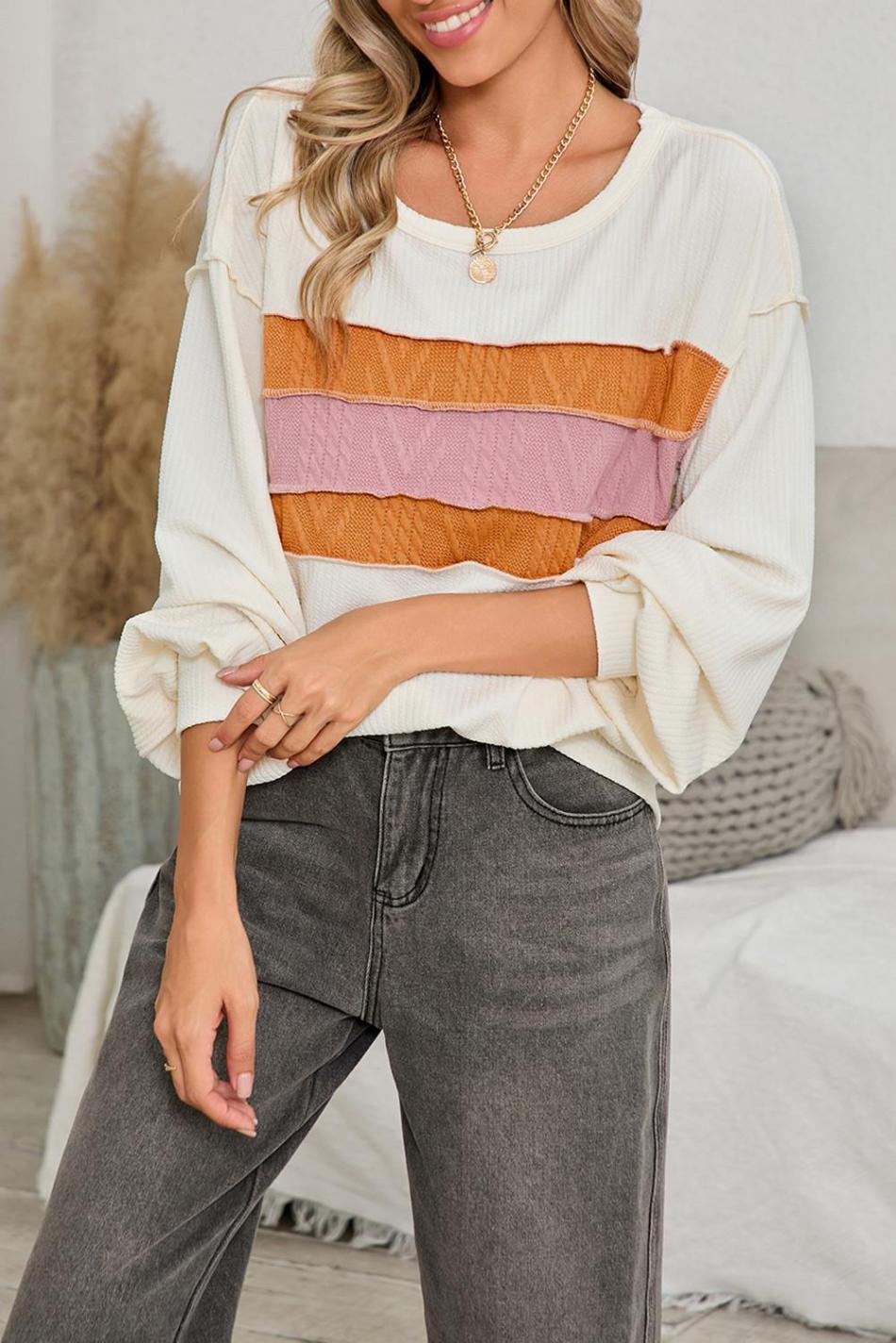 White Corded Exposed Seam Patchwork Drop Sleeve Top | Women Long Sleeve Tops