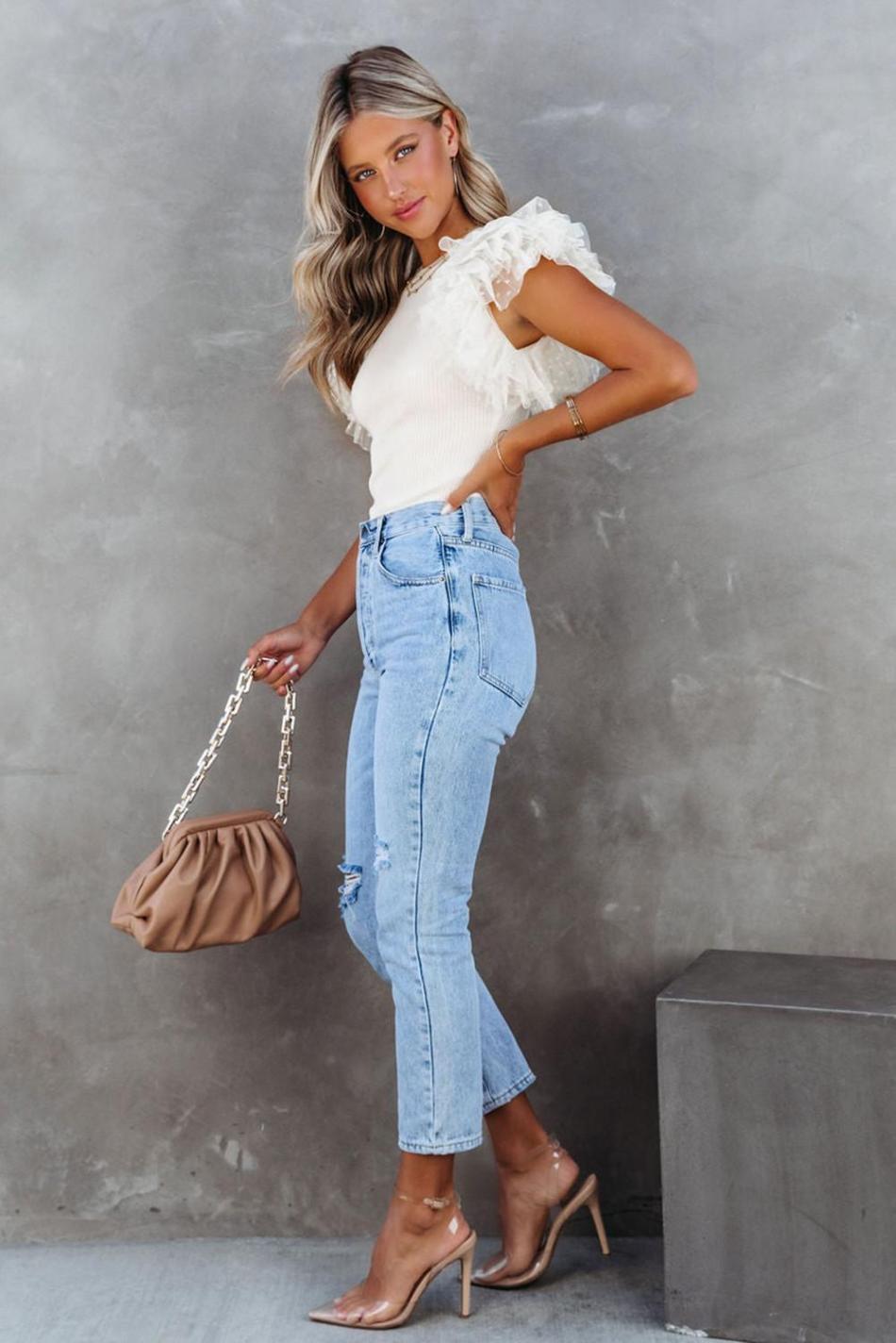 White Dotty Layered Ruffle Casual Ribbed Knit Top | Women Knit Tops