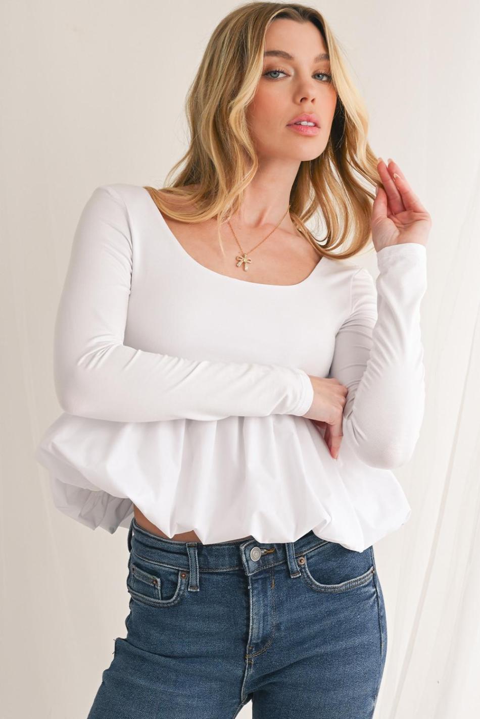 White Elegant Scoop Neck Bubble Hem Long Sleeve Top | Women Long Sleeve Tops