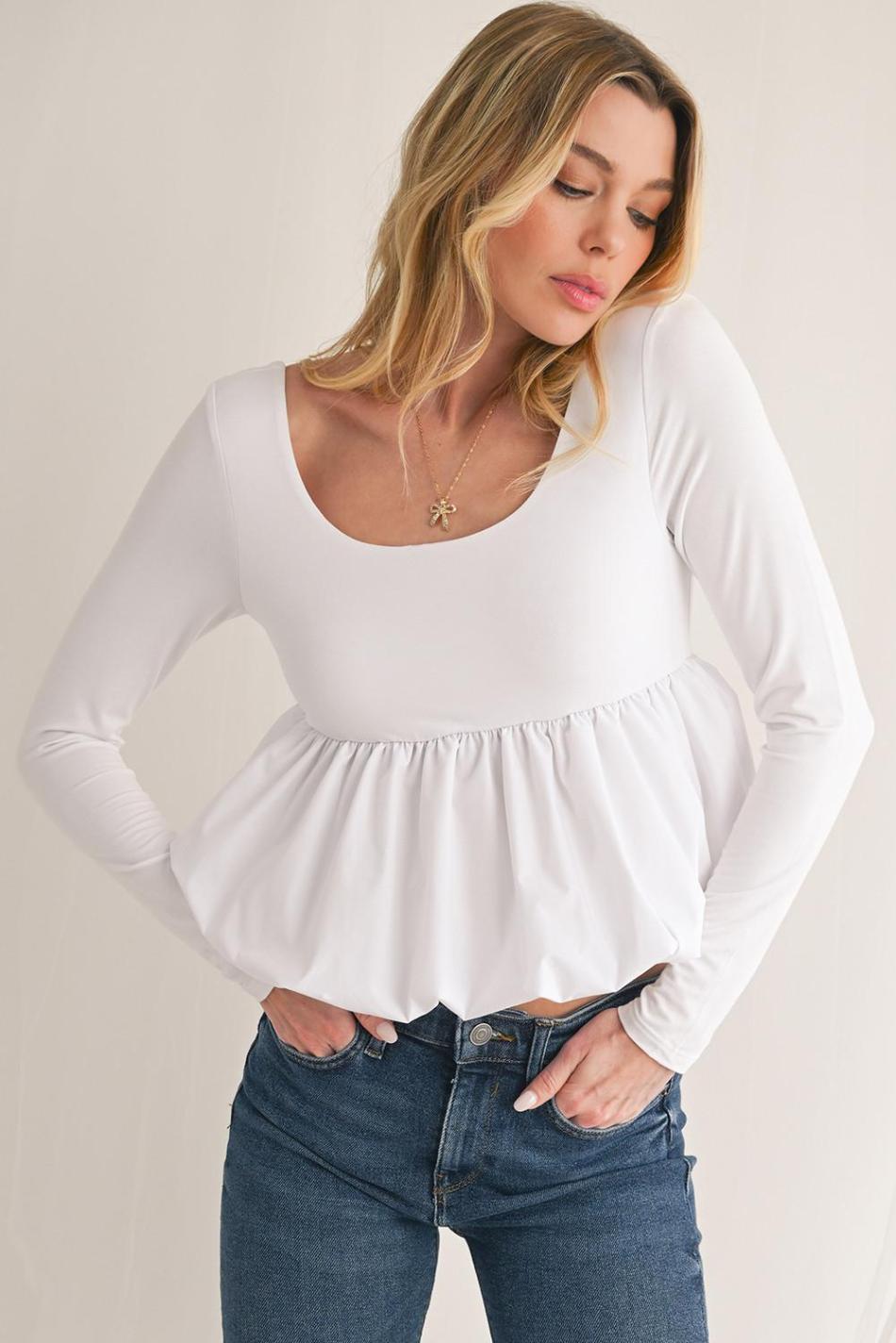 White Elegant Scoop Neck Bubble Hem Long Sleeve Top | Women Long Sleeve Tops