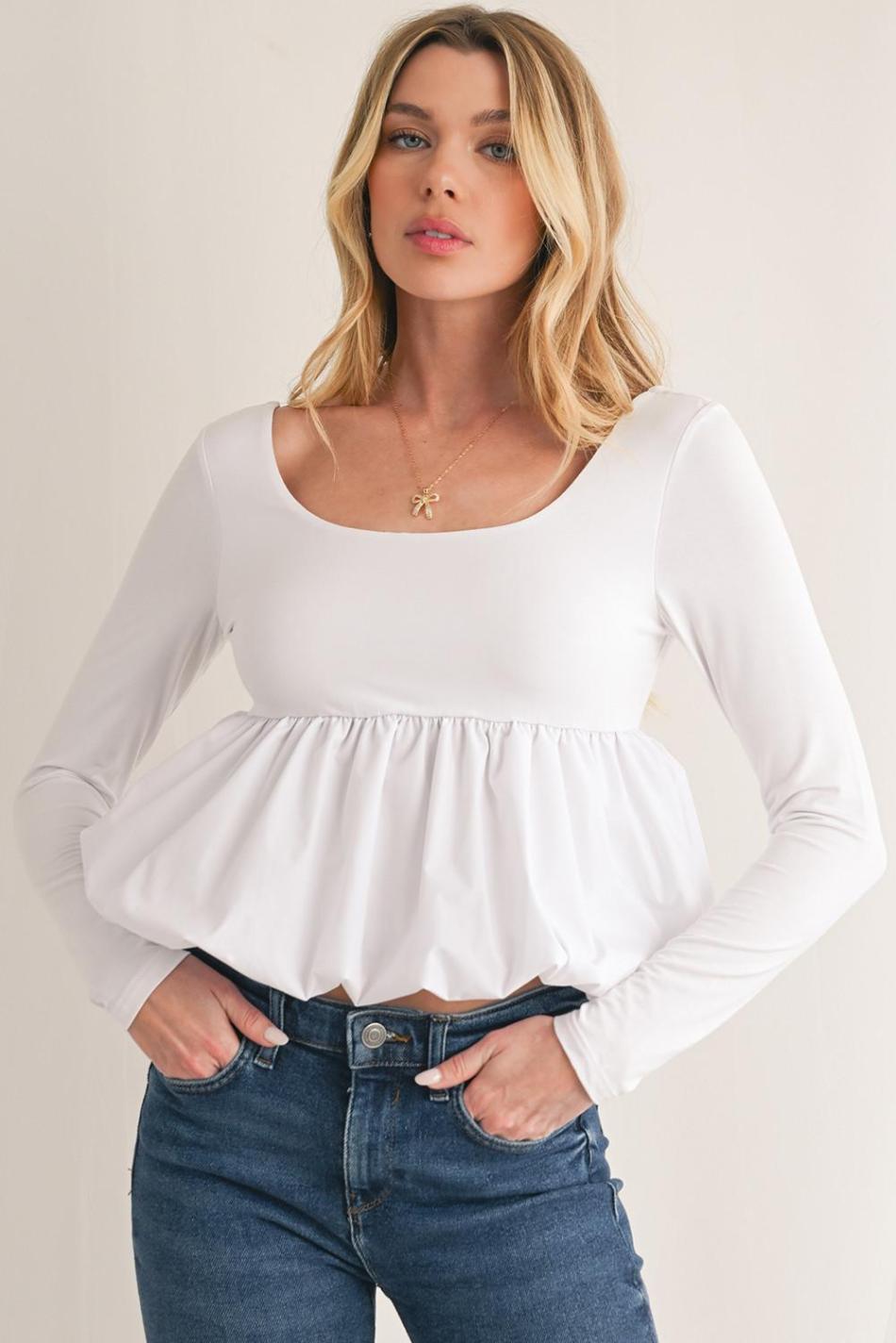 White Elegant Scoop Neck Bubble Hem Long Sleeve Top | Women Long Sleeve Tops
