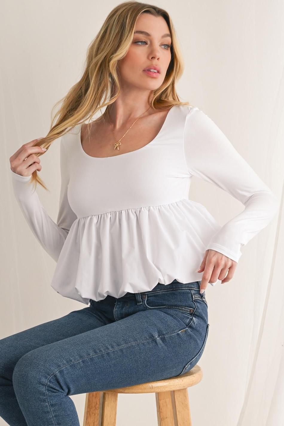 White Elegant Scoop Neck Bubble Hem Long Sleeve Top | Women Long Sleeve Tops