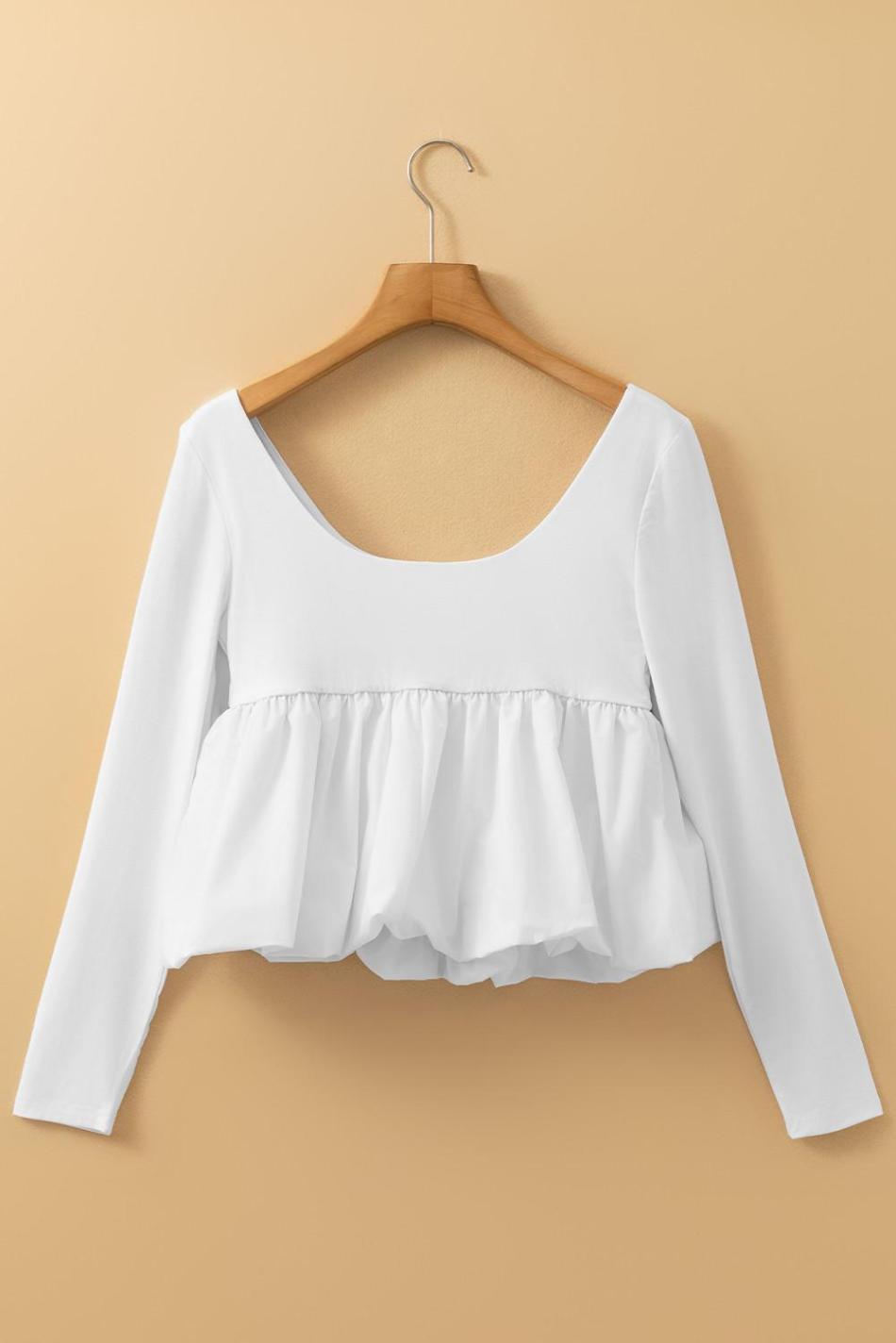 White Elegant Scoop Neck Bubble Hem Long Sleeve Top | Women Long Sleeve Tops