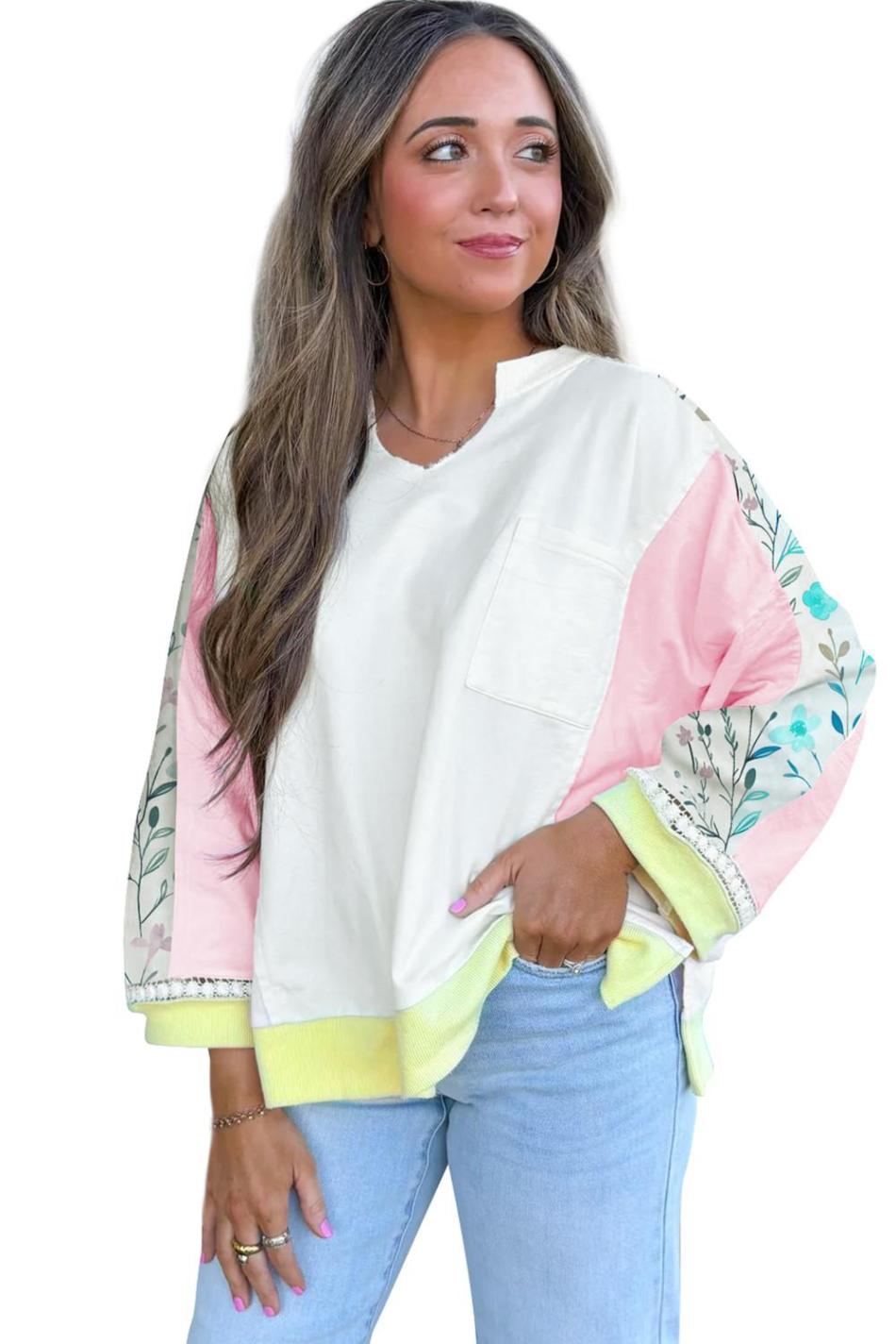 White Floral Colorblock Patchwork Notched Neck Long Sleeve Top | Women Long Sleeve Tops