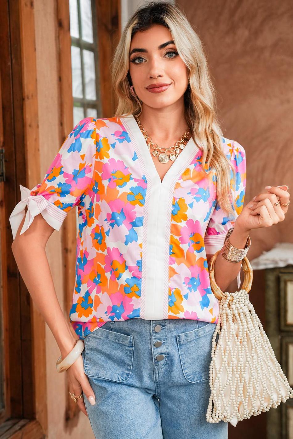 White Floral Colorblock Striped Edge V Neck Knotted Short Sleeve Blouse | Women Blouses