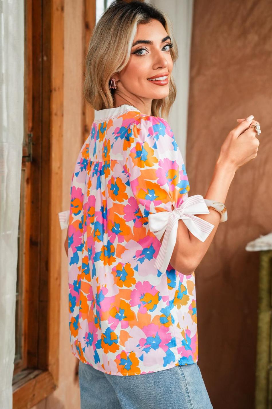 White Floral Colorblock Striped Edge V Neck Knotted Short Sleeve Blouse | Women Blouses