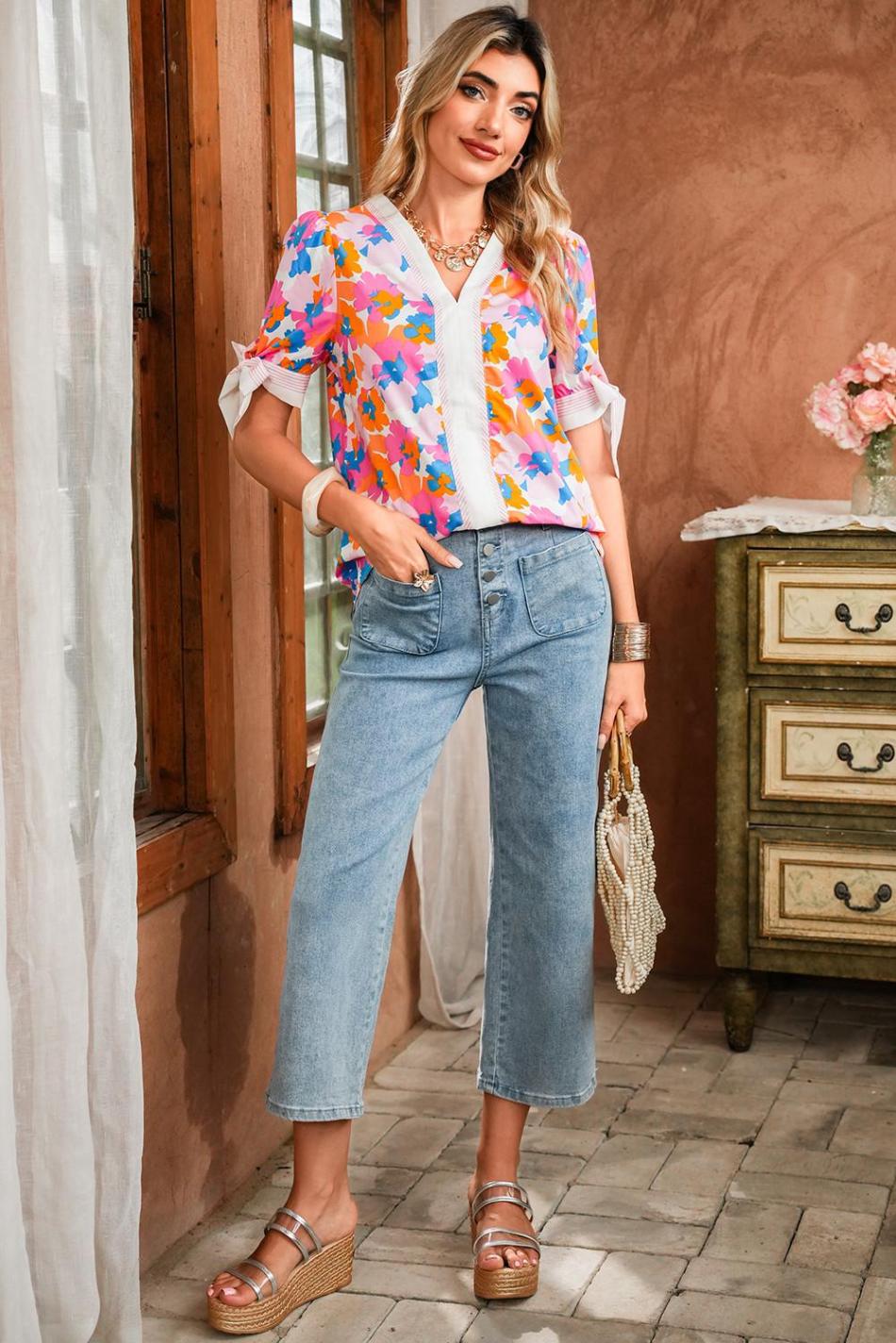 White Floral Colorblock Striped Edge V Neck Knotted Short Sleeve Blouse | Women Blouses