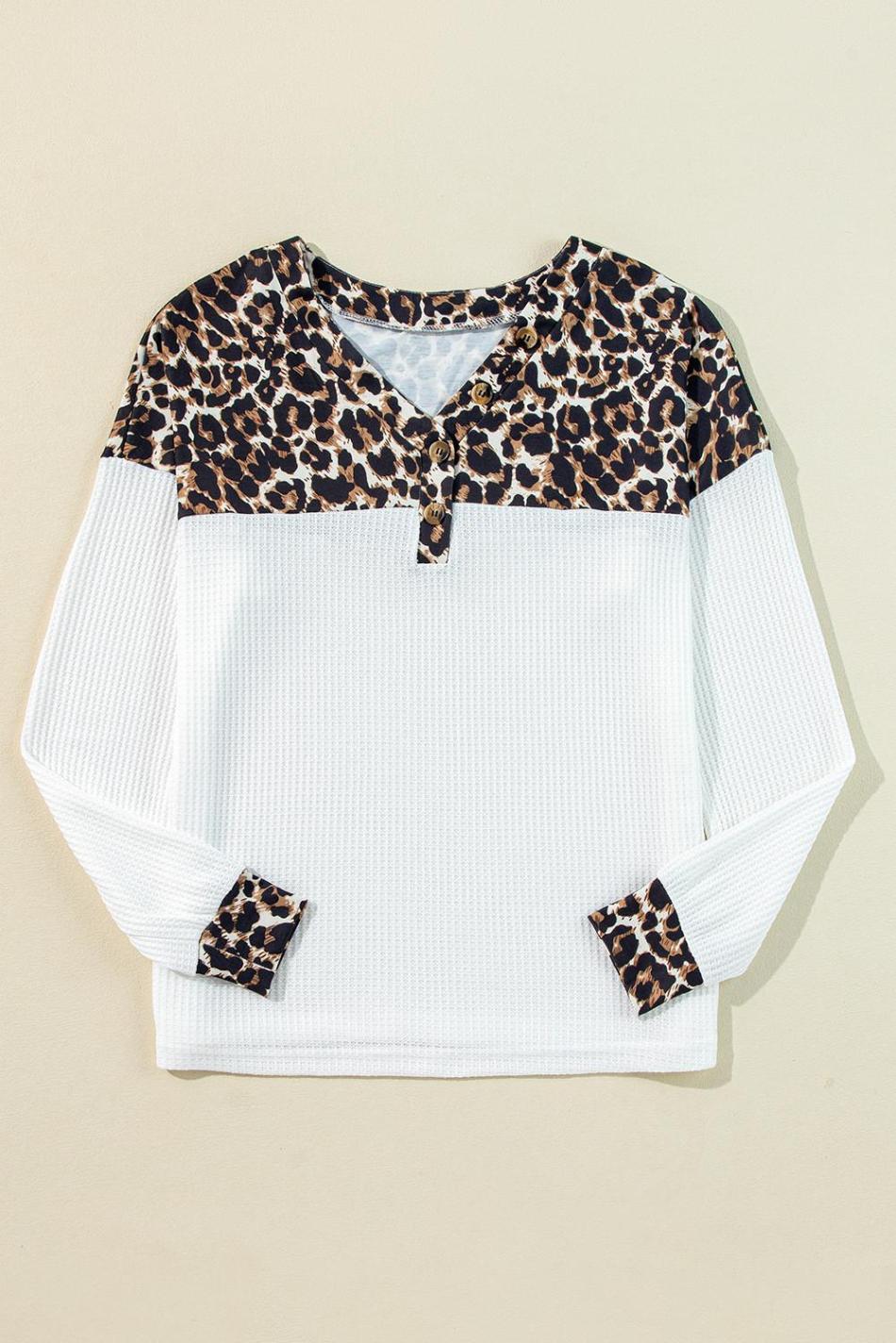 White Leopard Waffle Knit Patchwork Button V Neck Top | Women Long Sleeve Tops